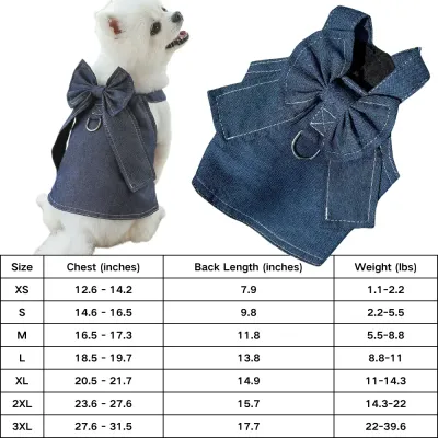 Pet Denim Dress with Butterfly Bow (1) Small & Medium Pet Denim Dress with Butterfly Bow, Leash Harness for Dogs & Cats, D-ring for Leash Attachment