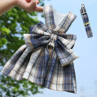 Summer Plaid Pet Dress with Bowknot Cat Apparel College Style Pet Dress with Large Bowknot