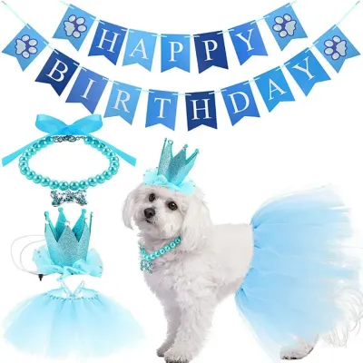 birthday party clothes for dogs (3) Make pets the star of the party with this 4-piece birthday party set, featuring a hat, a pearl necklace, a banner, and a tutu skirt, perfect for small and medium-sized pets.