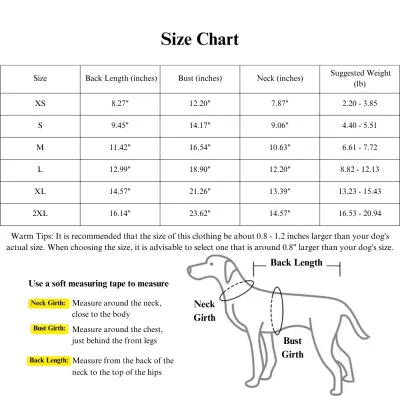 Small Pet Clothes Size Chart
