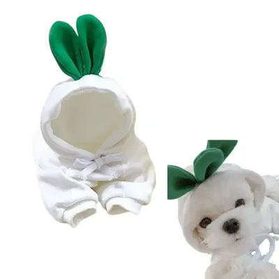 This warm winter dog coat features a cute fruit design, making it both functional and fashionable for small breed pets during the colder months.