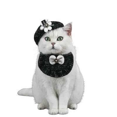 dog bandana (3) This cat knitted bib or beret hat with a 3D floral bowknot offers an elegant, stylish accessory for pets, ideal for special occasions or everyday wear.