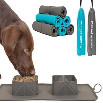 Foldable silicone pet bowl set for convenient food and water storage on the go.