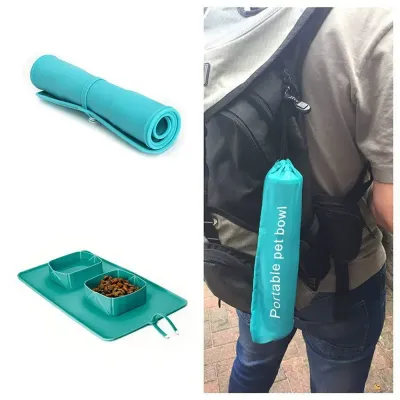 Foldable silicone pet bowl set for convenient food and water storage on the go.