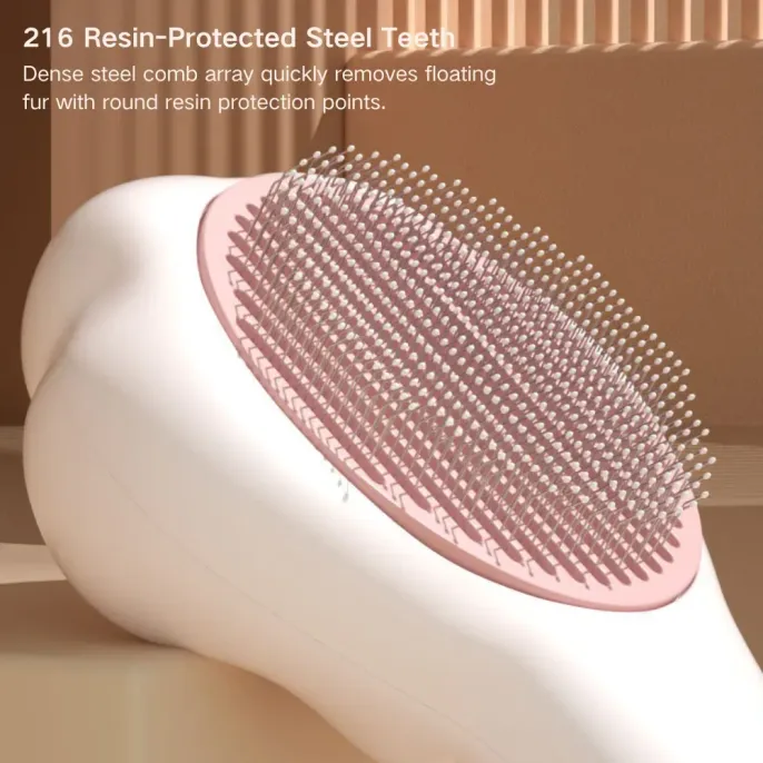 Cat Grooming Brush with Massage Function (6) One-click fur collection mechanism that makes cleaning hassle-free for high-efficiency pet grooming.