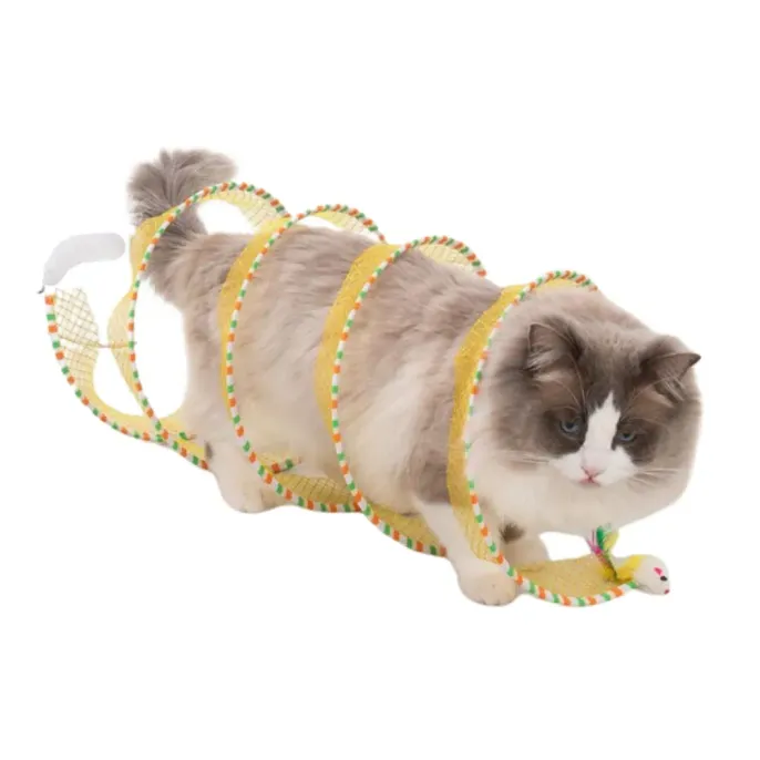 S-Shape Cat Tunnel Toy, Wire Mesh & Gauze Patchwork Design, Foldable With Sound Effect, Suitable For Indoor Family Entertainment & Stress Relief Main S-Shape Patchwork Design Cat Tunnel Toy