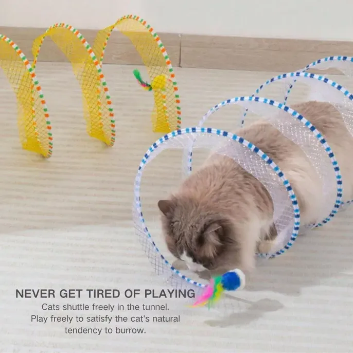 S-Shape Cat Tunnel Toy, Wire Mesh & Gauze Patchwork Design, Foldable With Sound Effect, Suitable For Indoor Family Entertainment & Stress Relief Features S-Shape Patchwork Design Cat Tunnel Toy