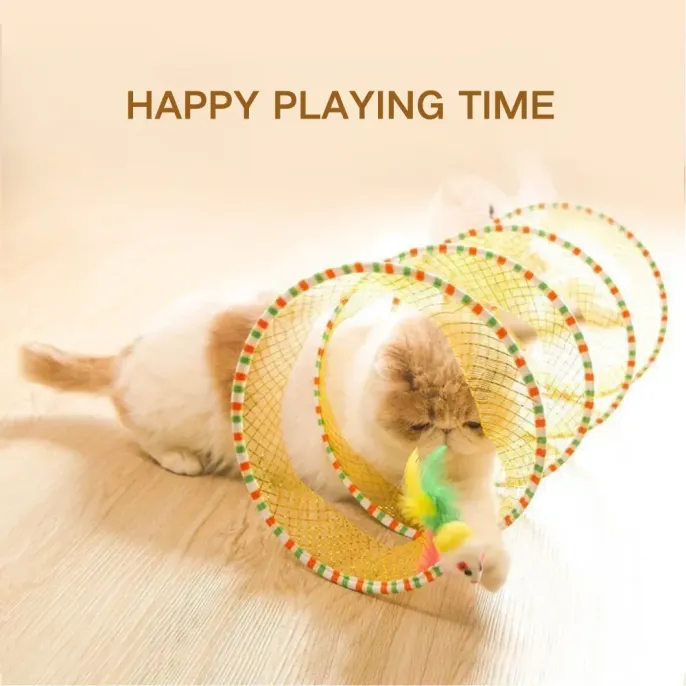 S-Shape Cat Tunnel Toy, Wire Mesh & Gauze Patchwork Design, Foldable With Sound Effect, Suitable For Indoor Family Entertainment & Stress Relief Display S-Shape Patchwork Design Cat Tunnel Toy