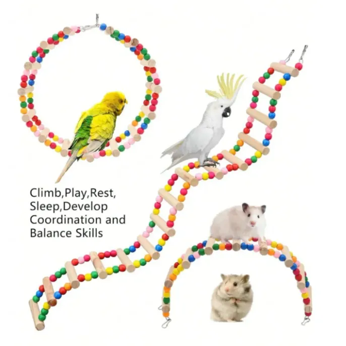 Wooden Climbing Ladder with Colorful Beads Bird Toy