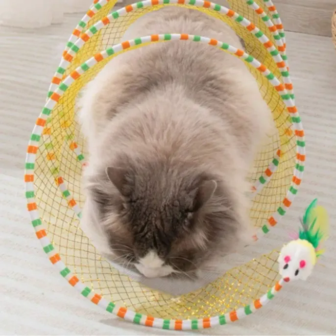 S-Shape Cat Tunnel Toy, Wire Mesh & Gauze Patchwork Design, Foldable With Sound Effect, Suitable For Indoor Family Entertainment & Stress Relief Cat S-Shape Patchwork Design Cat Tunnel Toy