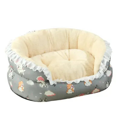 Plush and stylish winter pet bed with thickened padding (1) Winter pet bed with plush floral skirt design for added warmth