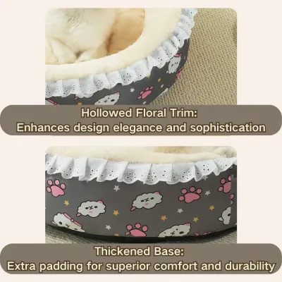 Round winter pet bed with plush floral design for maximum warmth (1) Raised walls offer extra comfort and security