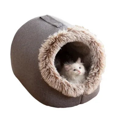 Portable pet bed with convenient carry handle (6) Soft plush fabric offers warmth and comfort in fall and winter