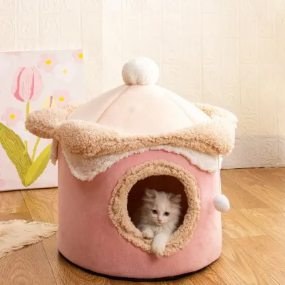Adorable ice cream-shaped pet bed for dogs and cats (1) Fun pom-pom accents add a playful touch