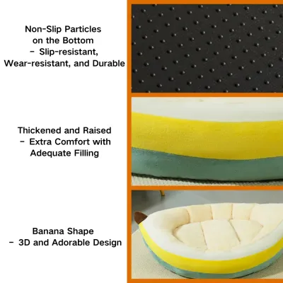 Cozy banana-shaped pet bed with plush fabric for ultimate comfort (2) Soft and skin-friendly plush surface for a soothing sleep experience
