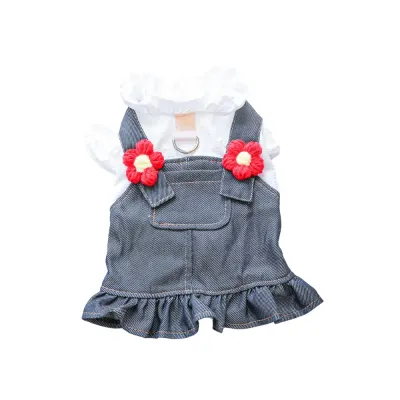 Breathable Little Red Flower Denim Dog Dress