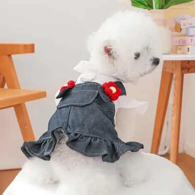 Breathable Little Red Flower Denim Dog Dress