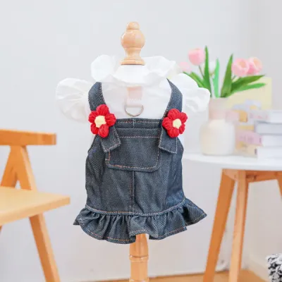 Breathable Little Red Flower Denim Dog Dress