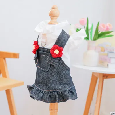 Breathable Little Red Flower Denim Dog Dress