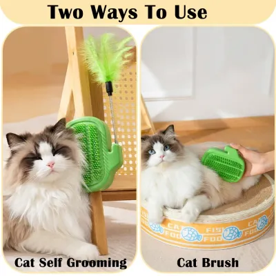 1PC Cactus Style Cat Self Groomer Brush with Feather Toy
