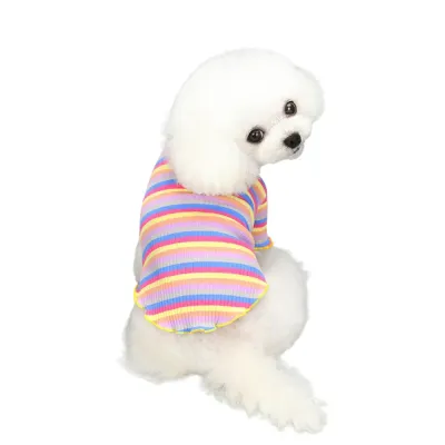 "Rainbow striped dog shirt with pink edge, designed for small to medium breeds like Yorkie, Chihuahua, and Teddy."