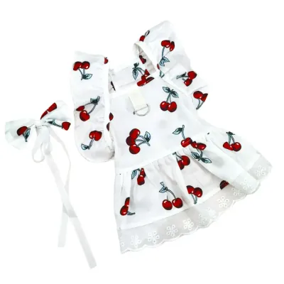 pet clothes (4) "Cherry print pet dress and bow tie set designed for small dogs and cats."