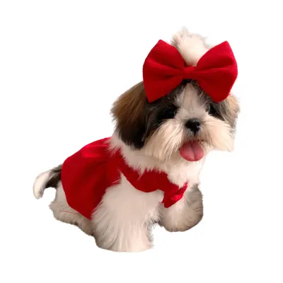 dog clothes dresses (6) Features a refined red corduroy fabric with a classic bow design, offering a timeless and stylish look.