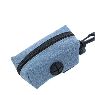"Zippered poop bag dispenser pouch with carabiner clip for convenient leash or belt attachment."