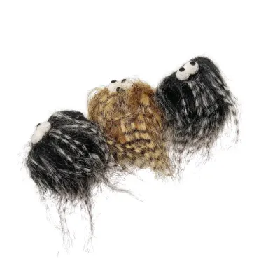 Soft furry cat toy with exaggerated features to stimulate feline interest.
