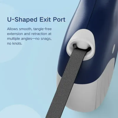 One-touch brake control leash with internal stainless steel coil spring system.