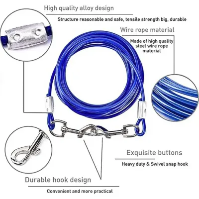 PVC coated dog cable Dual Head Design Heavy Duty Steel Wire Dog Tie Out Leash, 0.1 Thickness