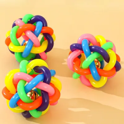 Colorful Interactive Knitted PVC Ball Dog Toy with Bell_3