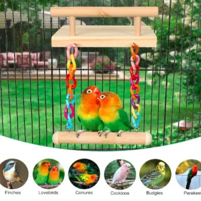 Bird Perches Cage Toy Wooden Platform with Colorful Swing3
