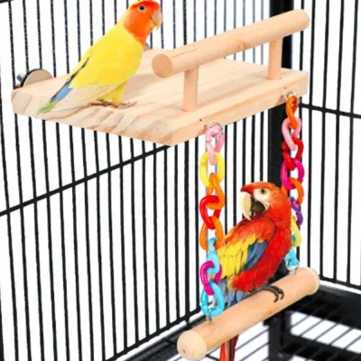 Bird Perches Cage Toy Wooden Platform with Colorful Swing