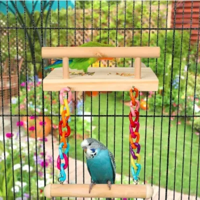 Bird Perches Cage Toy Wooden Platform with Colorful Swing1