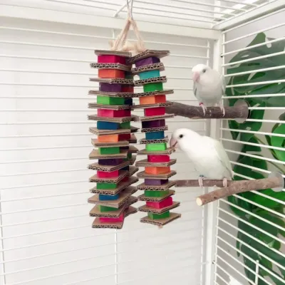 Colorful Cardboard and Wood Block String Bird Chew Toy