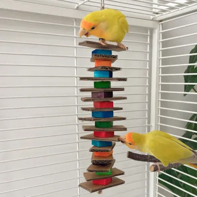 Colorful Cardboard and Wood Block String Bird Chew Toy