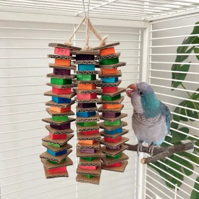 Colorful Cardboard and Wood Block String Bird Chew Toy