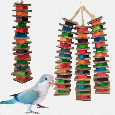 Colorful Cardboard and Wood Block String Bird Chew Toy