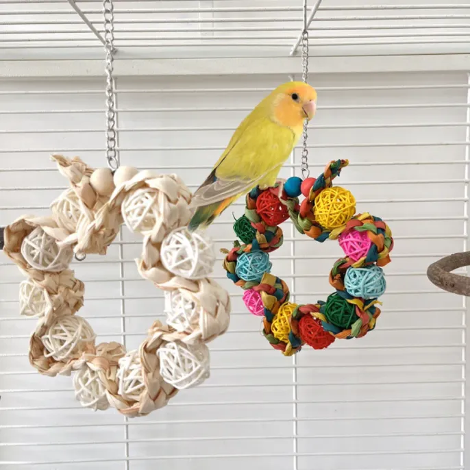 Colorful Rattan Ball and Corn Husk Hanging Ring Bird Toy6 Colorful Rattan Ball and Corn Husk Hanging Ring Bird Toy