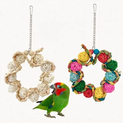 Colorful Rattan Ball and Corn Husk Hanging Ring Bird Toy5 Colorful Rattan Ball and Corn Husk Hanging Ring Bird Toy5