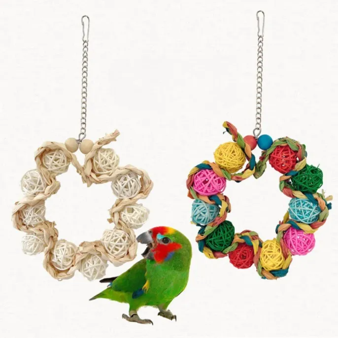 Colorful Rattan Ball and Corn Husk Hanging Ring Bird Toy5 Colorful Rattan Ball and Corn Husk Hanging Ring Bird Toy5