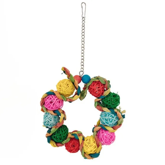 Colorful Rattan Ball and Corn Husk Hanging Ring Bird Toy3 Colorful Rattan Ball and Corn Husk Hanging Ring Bird Toy3