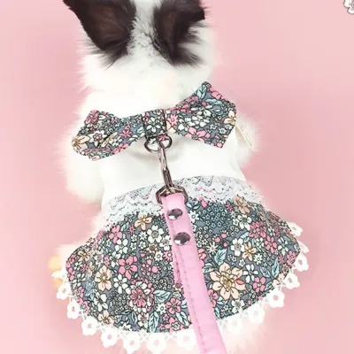 Stylish Cute Cotton Floral Rabbit Dress with Leash3 Stylish Cute Cotton Floral Rabbit Dress with Leash