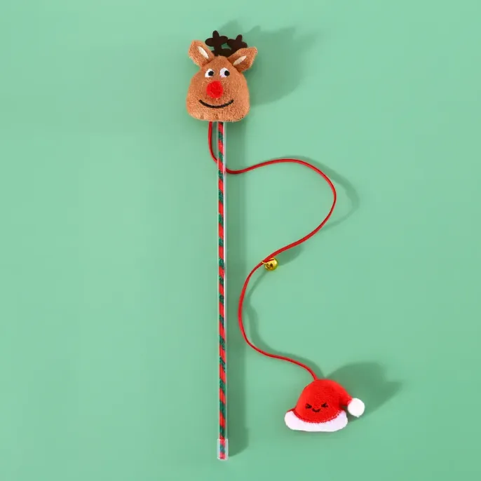 Christmas Plush Cat Wand Toy Santa Reindeer Snowman Tree Design