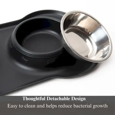 Stainless Steel Double Pet Bowl with Bone Shaped Non Slip Silicone Mat