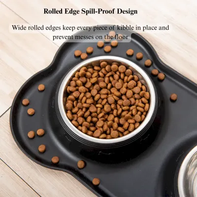 Stainless Steel Double Pet Bowl with Bone Shaped Non Slip Silicone Mat