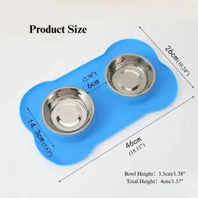 Stainless Steel Double Pet Bowl with Bone Shaped Non Slip Silicone Mat
