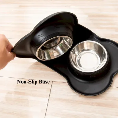 Stainless Steel Double Pet Bowl with Bone Shaped Non Slip Silicone Mat
