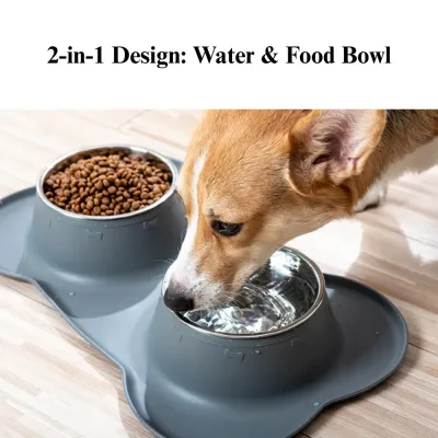 Stainless Steel Double Pet Bowl with Bone Shaped Non Slip Silicone Mat